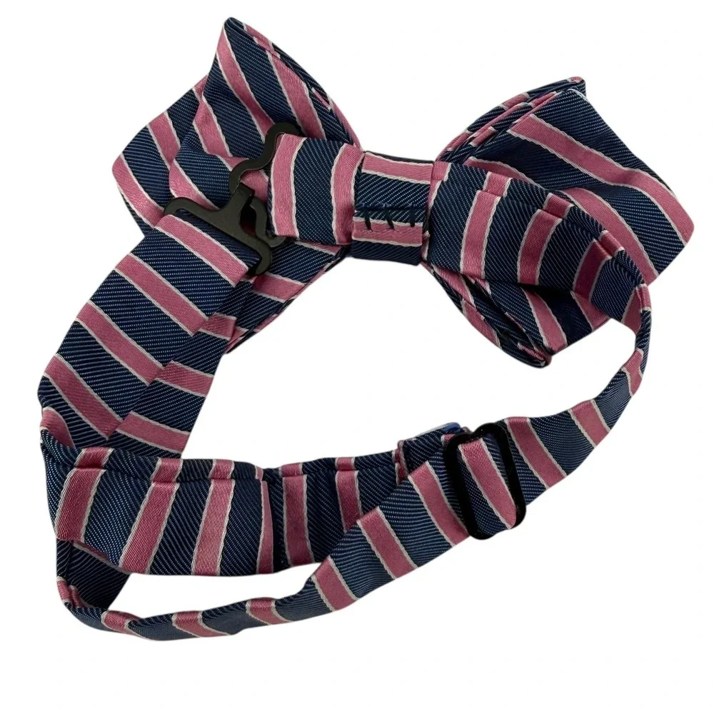 Nordstrom Boys Silk Bow Tie Navy Blue Pink‎ Striped Pre-Tied Adjustable Formal